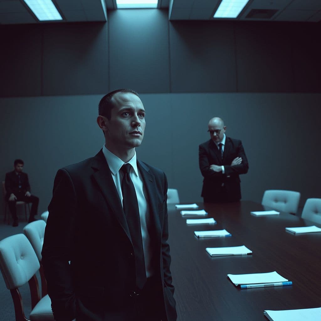 Surreal dream scene, cinematic and atmospheric, digital art: A tense, dimly lit corporate boardroom scene with a man in a tight suit looking overwhelmed, as another strong, calm man approaches to offer support, capturing a moment of silent understanding and release from pressure.