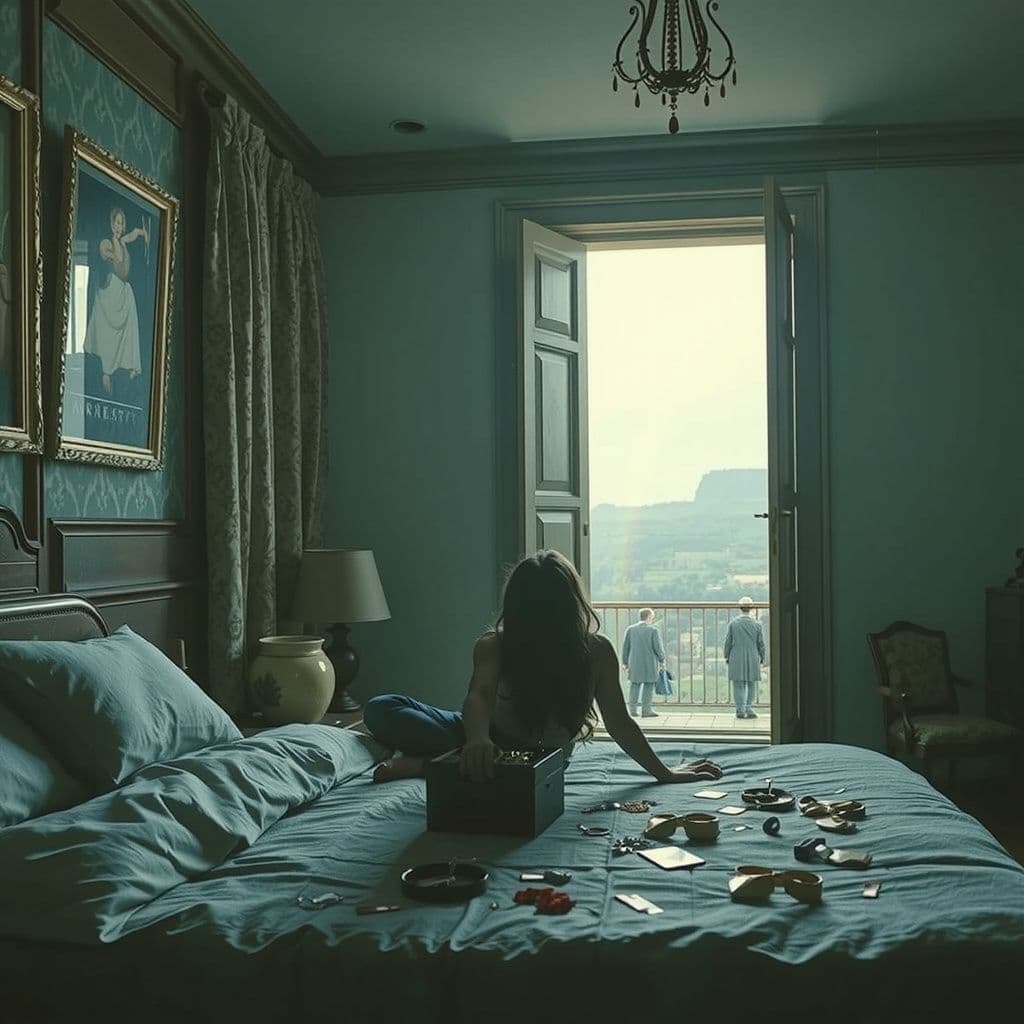 Surreal dream scene, cinematic and atmospheric, digital art: A surreal scene of a person floating near the ceiling of a softly lit bedroom, reaching for an antique jewelry box beneath scattered treasures, with a glowing rainbow portal opening in the sky outside where people gather, all evoking a dreamlike, lucid atmosphere filled with gentle curiosity and wonder.