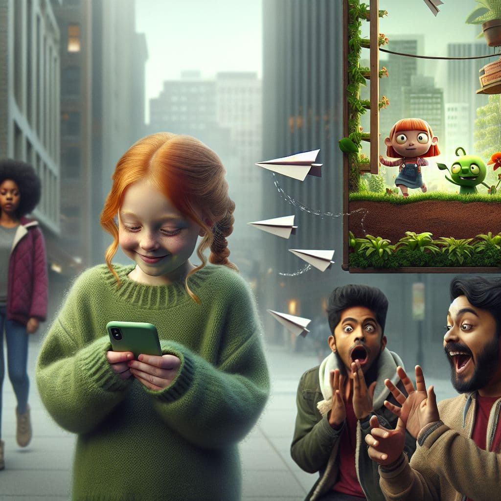 Surreal dream scene, cinematic and atmospheric, digital art: A short, ginger, smiling, slightly chubby girl wearing a green wool sweater cheerfully makes paper airplanes while typing a phone number into a surprised young man's contact list on a city sidewalk, as a jealous girl watches nearby and a boy excitedly talks about a frozen Plants vs. Zombies game screen.