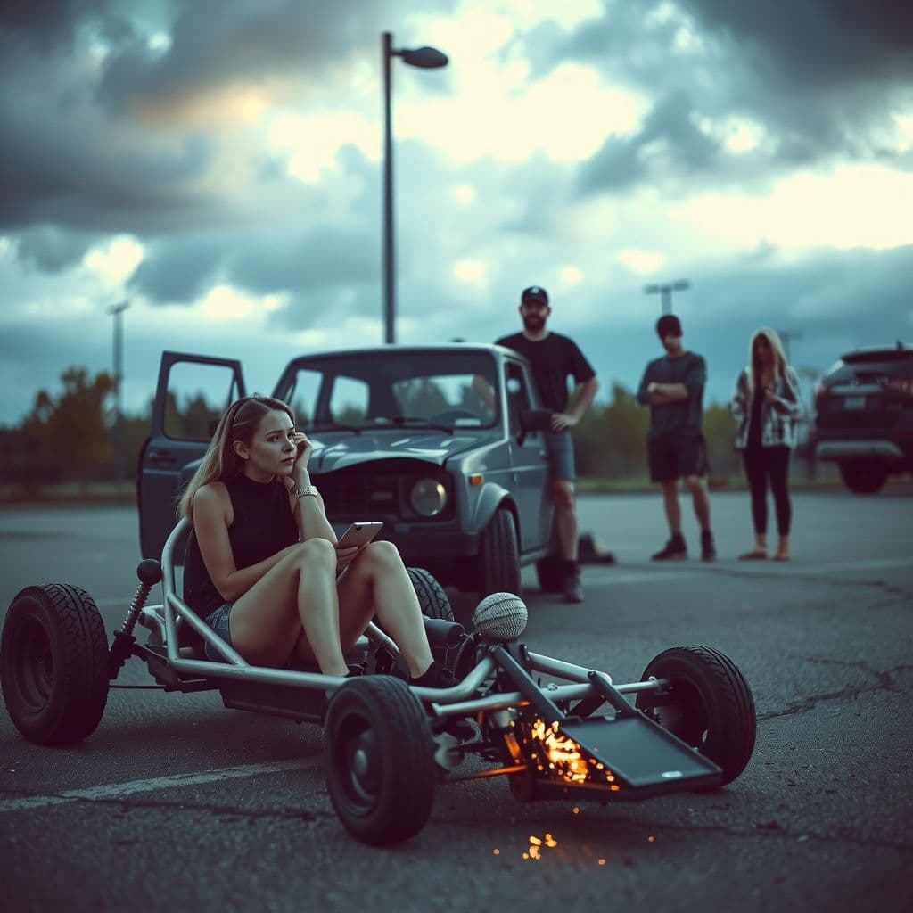Surreal dream scene, cinematic and atmospheric, digital art: A woman sits anxiously beside a heavily damaged small car that looks like a stripped-down go-kart with sparks flying, while three friends stand nearby in a parking lot under a cloudy sky, reflecting a tense and stressful moment after a minor vehicle accident.