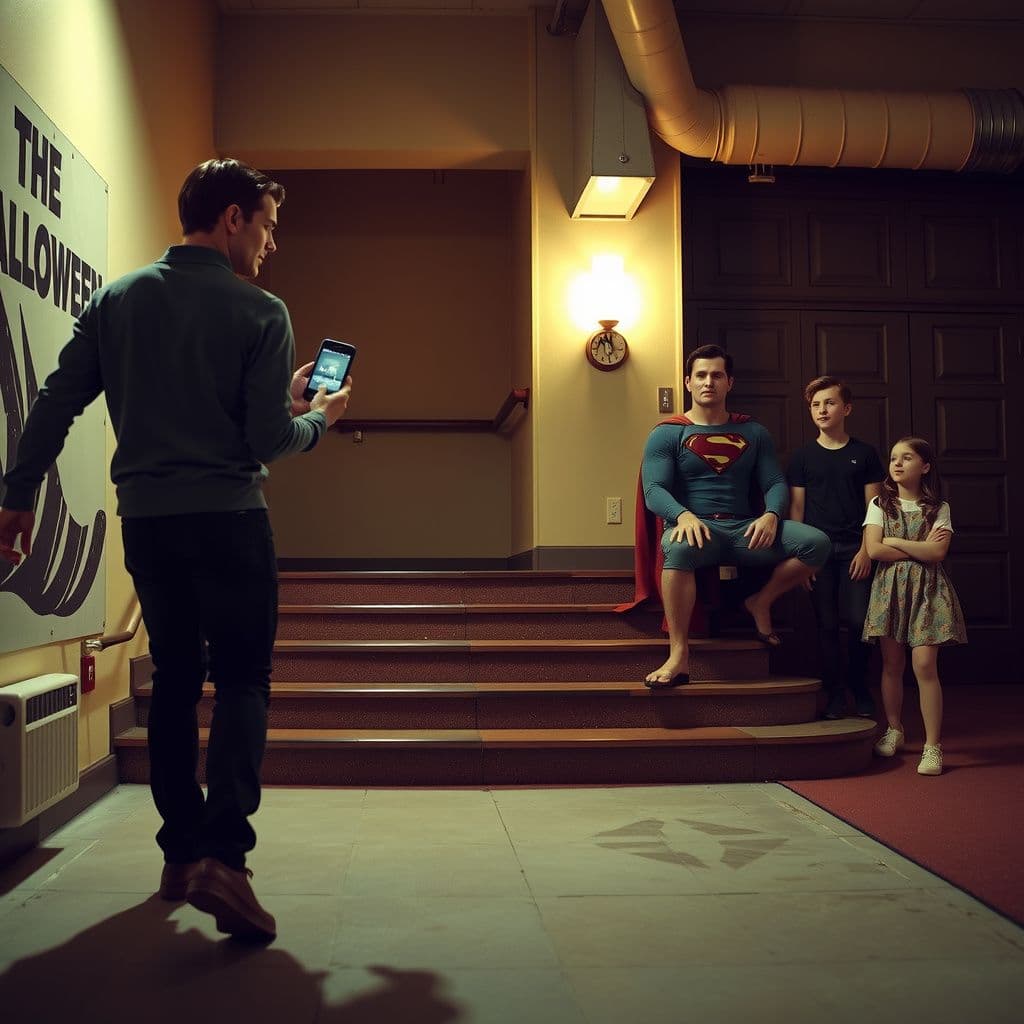 Surreal dream scene, cinematic and atmospheric, digital art: A Halloween event where a person walks confidently with a phone playing the Man of Steel theme, passing by David Corenswet dressed as Superman sitting uniquely on a stair railing, while friends Zach and Grace watch nearby in admiration.