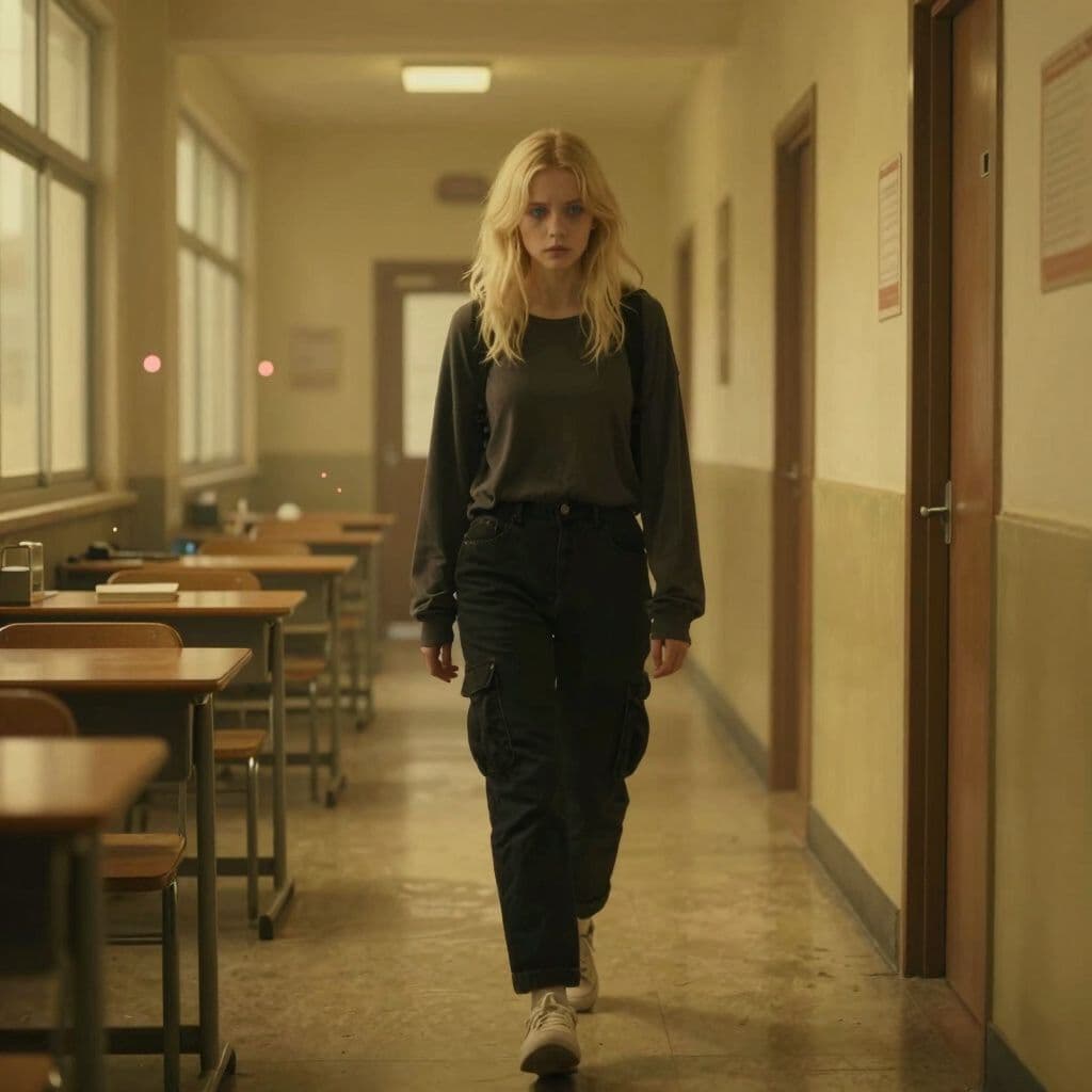 Surreal dream scene, cinematic and atmospheric, digital art: A blonde girl with shoulder-length wolf cut hair, bluish eyes, wearing black cargo pants and a dark long-sleeve emo shirt, walks hesitantly through a dimly lit school hallway with yellow-tinted lighting, feeling uneasy as she approaches a desk while faint voices echo around her.