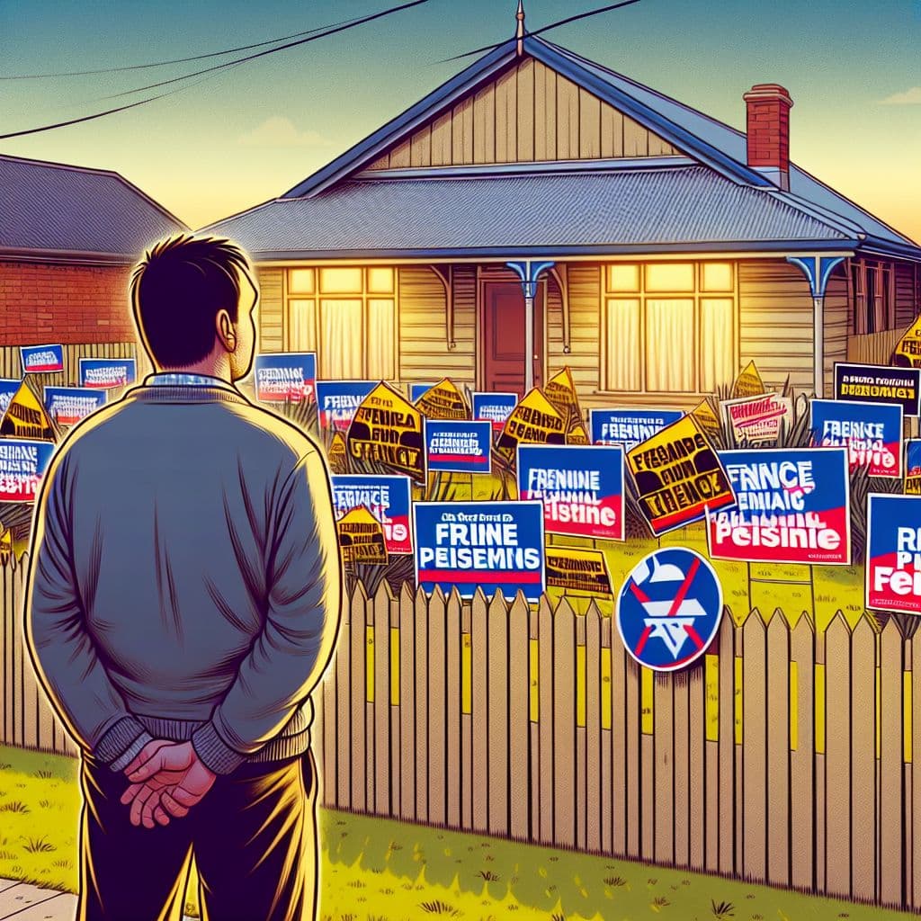 Digital art 4k scene from a movie: He sees his next door neighbours' front yard decorated with corflute signs promoting a far-right libertarian party, a sight that shocks him but also confirms his suspicions about their political leanings.