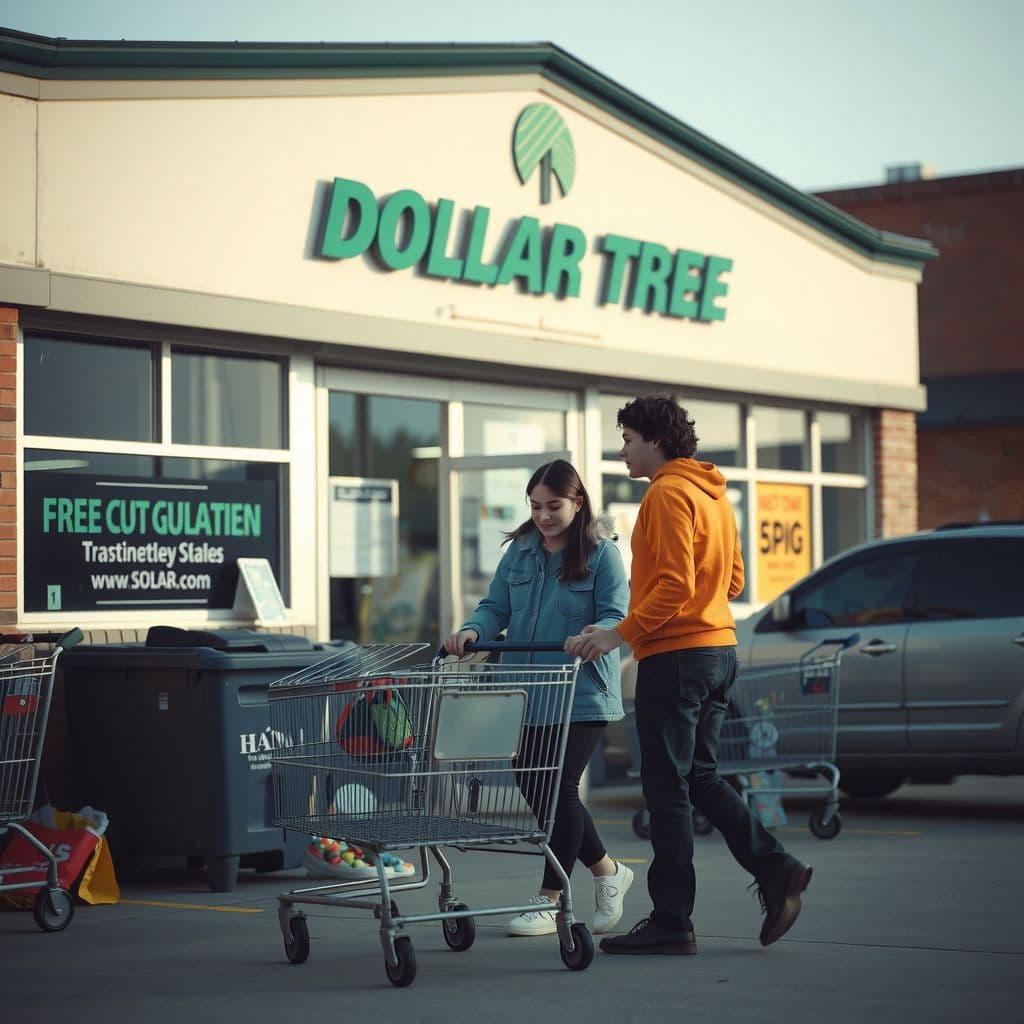 Surreal dream scene, cinematic and atmospheric, digital art: A scene depicting two young people helping gather shopping carts outside a bright, cheerful Dollar Tree store on a sunny day, with one person accidentally bumping into the other, capturing a moment of mixed emotions and everyday kindness.