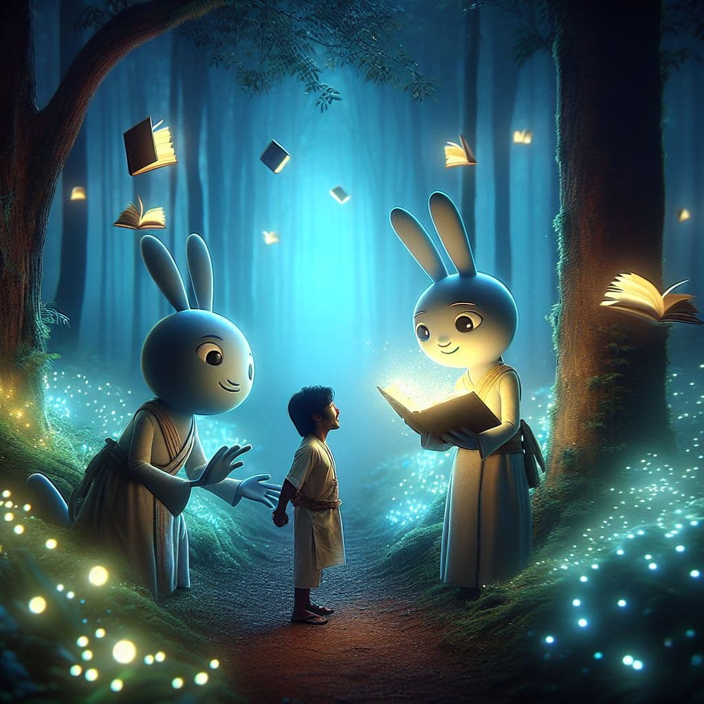 Surreal dream scene, cinematic and atmospheric, digital art: A whimsical scene of two playful characters gently guiding a curious person through a magical forest filled with glowing lights and floating books.