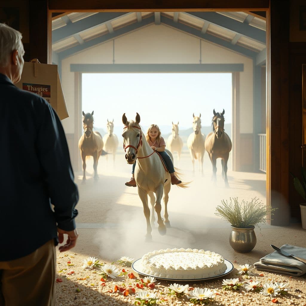 Surreal dream scene, cinematic and atmospheric, digital art: A surreal dream scene where a girl happily rides a flowing-maned horse beside a smiling man in a blue shirt amidst a sunlit barn filled with elegant horses, transitioning to a peaceful shower filled with endless magical plant-based cake shared quietly with a calm, comforting figure who blends features of an uncle and brother.