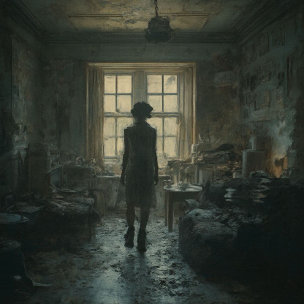 Surreal dream scene, cinematic and atmospheric, digital art: A thoughtful woman walks through a cluttered, dimly lit old folks' home surrounded by makeshift living spaces, quietly reflecting amidst worn furniture and faded memories.