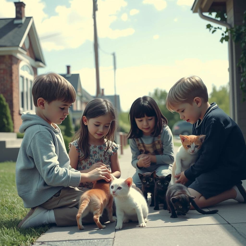 Surreal dream scene, cinematic and atmospheric, digital art: A compassionate scene of children gently caring for a large group of sickly kittens outside a cozy townhouse on a sunny day, emphasizing the importance of spaying pets to prevent overpopulation.