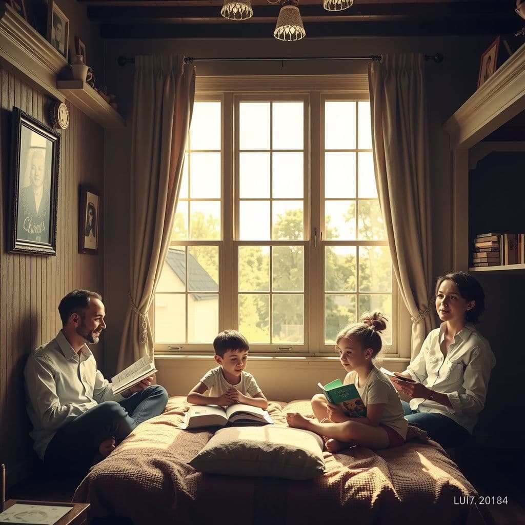 Surreal dream scene, cinematic and atmospheric, digital art: A cozy family gathered in a sunlit country bedroom filled with windows on both sides, sharing food and books, with a magical, otherworldly ambiance hinting at overlapping dimensions and subtle mystical energies.
