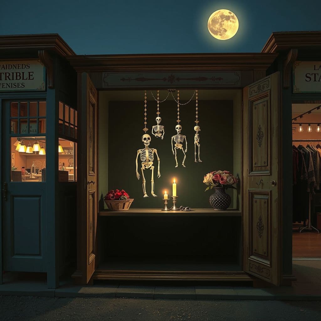 Surreal dream scene, cinematic and atmospheric, digital art: A dreamlike scene of a twilight seaside market with glowing stalls, featuring delicate Day of the Dead skeleton decorations hanging inside a mysterious wardrobe, surrounded by shimmering waves under a moonlit sky, evoking a surreal and contemplative atmosphere.