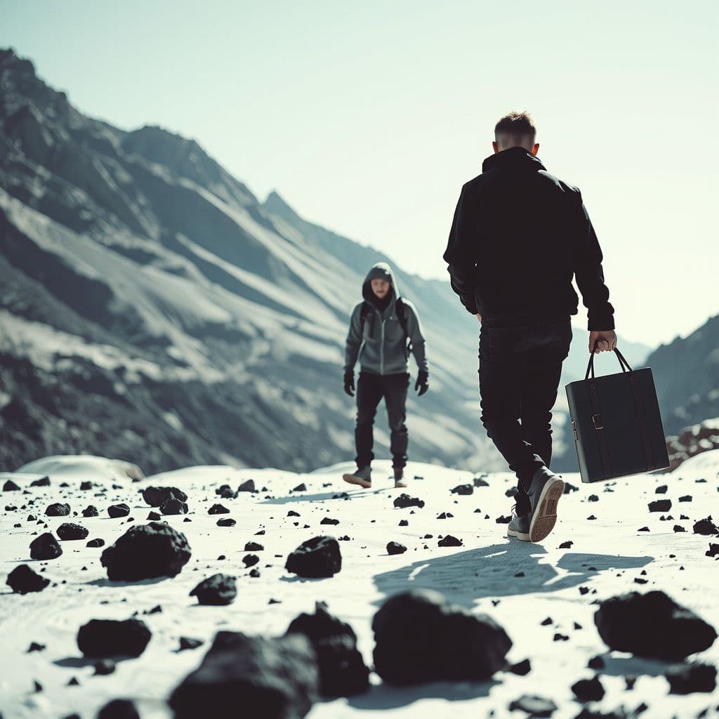 Surreal dream scene, cinematic and atmospheric, digital art: Aaron and another person cautiously collect black, round meteorites scattered across a white, powdery extraterrestrial landscape resembling a moon-like terrain under a clear sky.