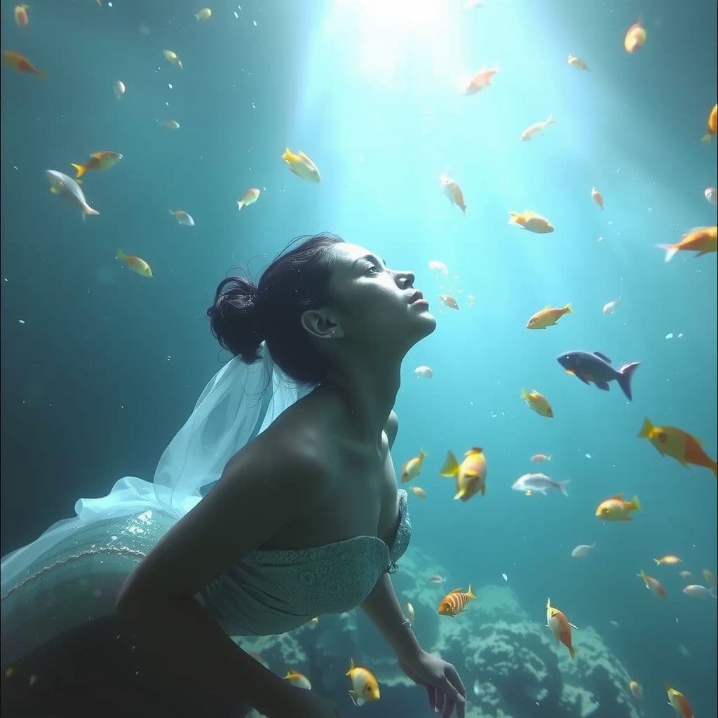 Surreal dream scene, cinematic and atmospheric, digital art: A serene underwater scene depicting a glowing mermaid effortlessly breathing underwater, surrounded by vibrant sea life, with ethereal light filtering from above, illustrating the dreamlike experience of lucid control and healing.