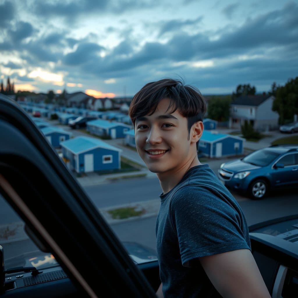 Surreal dream scene, cinematic and atmospheric, digital art: A peaceful suburban neighborhood at dusk with closely packed blue houses around a gated area, a young man with chin-length hair wearing a blue T-shirt smiling warmly as he arrives in a truck, while soft glowing radio waves seem to gently surround the scene, evoking a nostalgic and dreamy atmosphere.