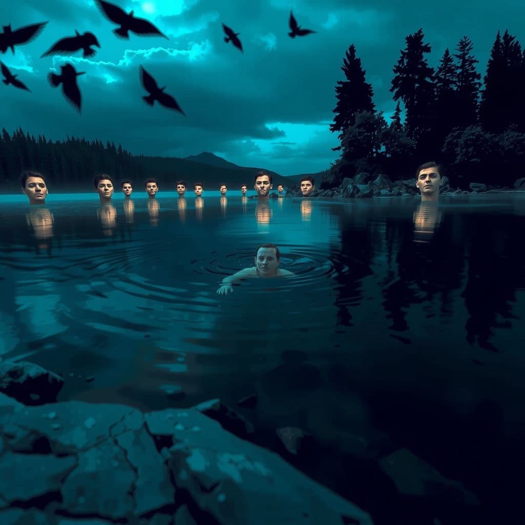 Surreal dream scene, cinematic and atmospheric, digital art: A serene nighttime lake scene where a person emerges from dark water surrounded by familiar, softly illuminated faces watching from rocky shores under a calming, alternative music atmosphere.