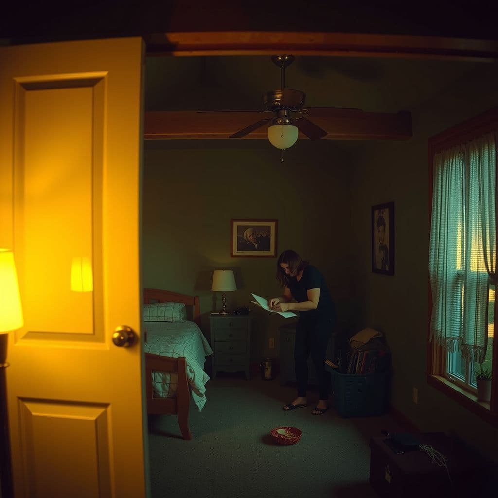 Surreal dream scene, cinematic and atmospheric, digital art: A cozy, neatly kept bedroom inside a quaint little house at night, softly lit with warm tones, showing a peaceful atmosphere where a person tidies up quietly while another figure rests in an adjacent room.