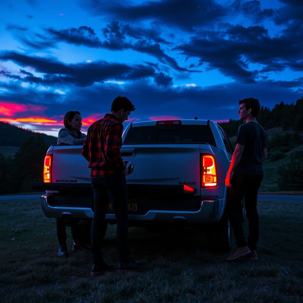 Surreal dream scene, cinematic and atmospheric, digital art: A group of close friends surrounding a white pickup truck at sunset as one person is gently lifted into the truck bed, with warm, nostalgic lighting and a peaceful outdoor setting.