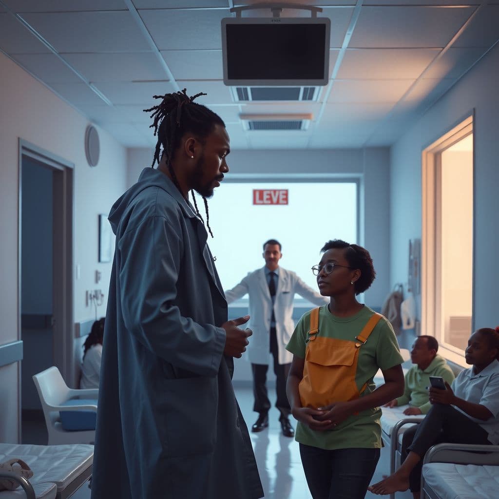 Surreal dream scene, cinematic and atmospheric, digital art: A serene, softly lit psychiatric ward with gentle, caring staff and patients engaging calmly in various activities, including a tall Black man with dreadlocks thoughtfully guiding visitors, a compassionate mother and brother quietly wandering, and a peaceful movie area where everyone is relaxed and watching together.
