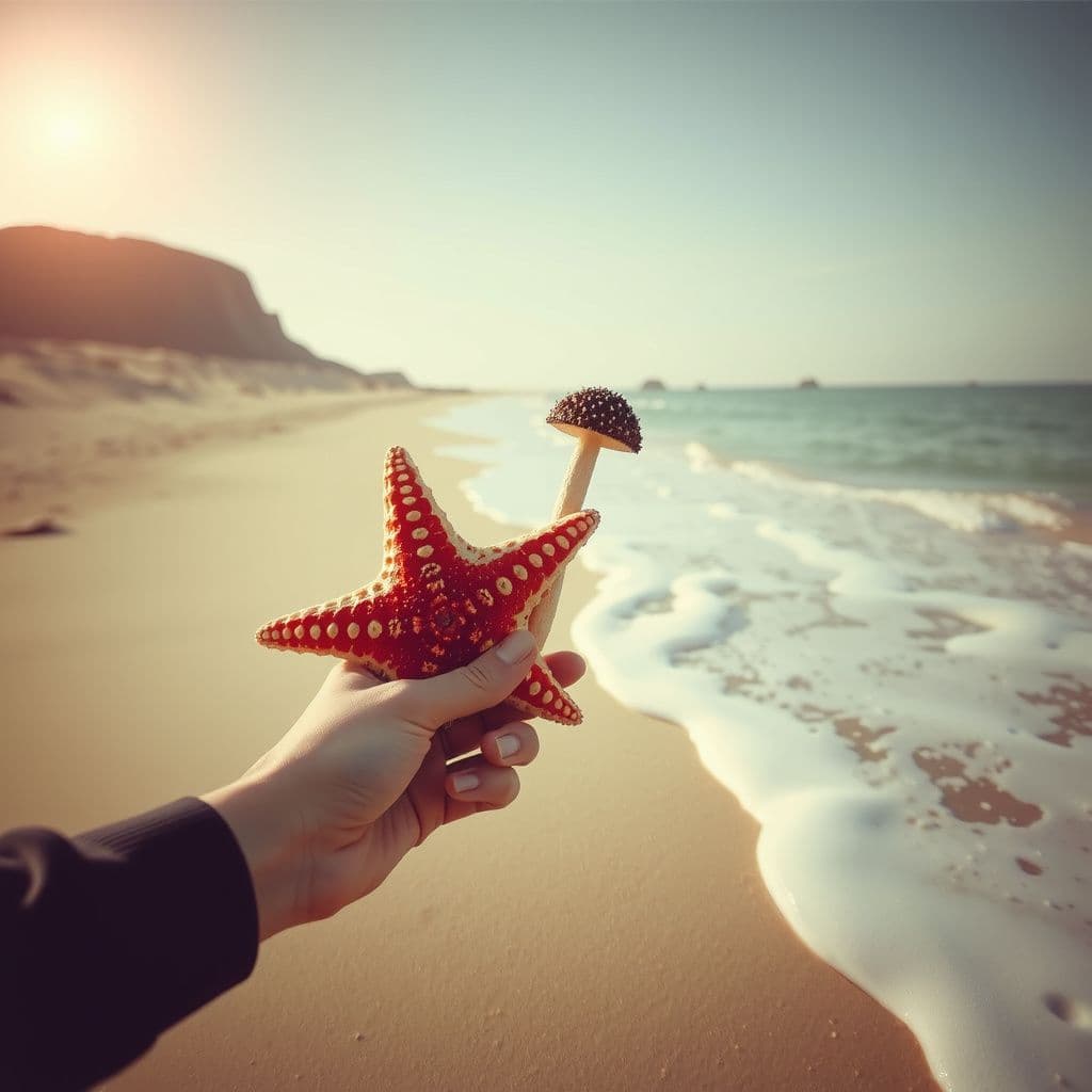 Surreal dream scene, cinematic and atmospheric, digital art: A whimsical scene at a serene beach where a curious starfish interacts playfully with a person holding an edible ocean mushroom, capturing a gentle and surreal moment of connection between human and sea creature under soft, natural light.