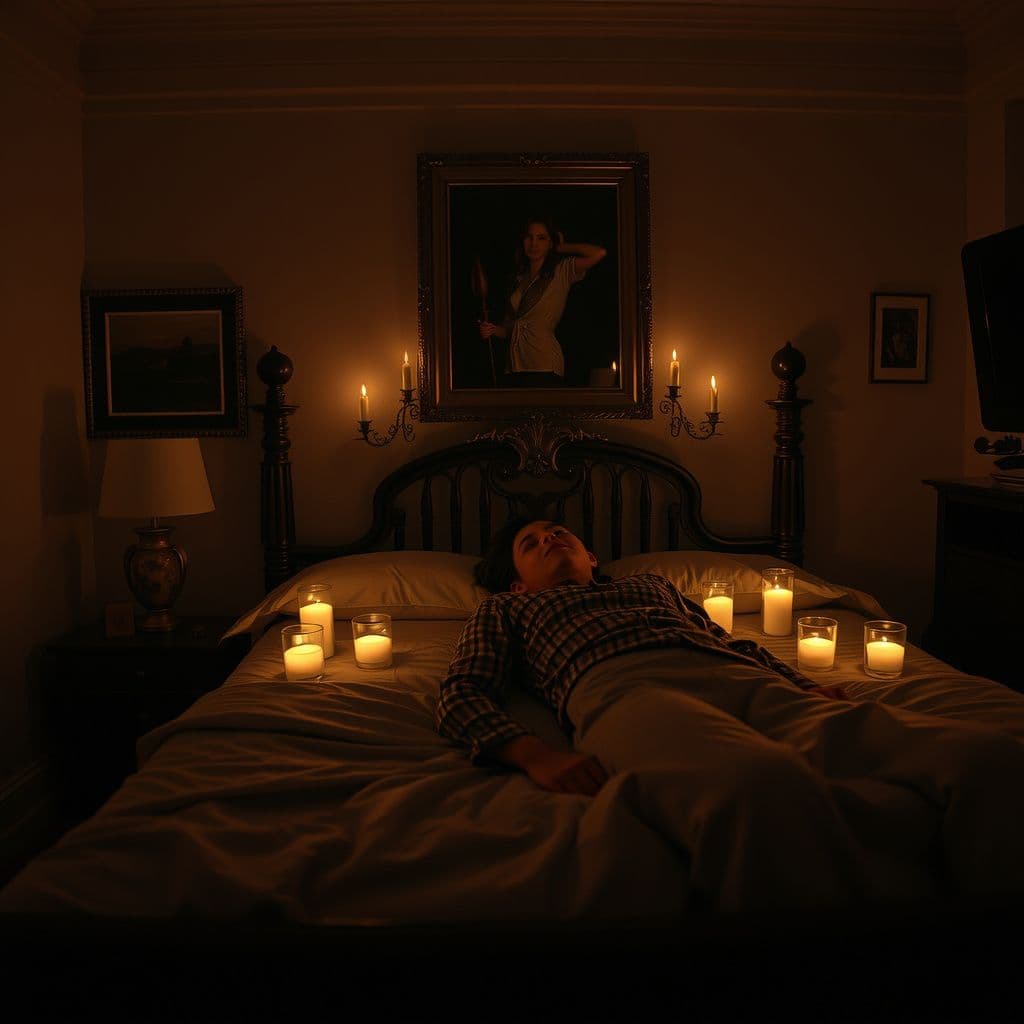 Surreal dream scene, cinematic and atmospheric, digital art: A surreal, atmospheric scene of a person lying on a bed surrounded by softly glowing candles that mysteriously extinguish one by one, then gently being pushed under the bed by an unseen gentle force in a dimly lit room, evoking a dreamlike and mystical ambiance.