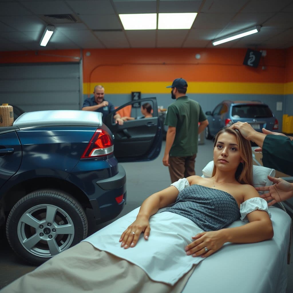 Surreal dream scene, cinematic and atmospheric, digital art: A busy oil change service center where a woman directs a customer to a car bay while another worker reluctantly moves a truck, and in the corner, the woman lies on a massage table looking tired and annoyed as someone prepares the table for a massage.