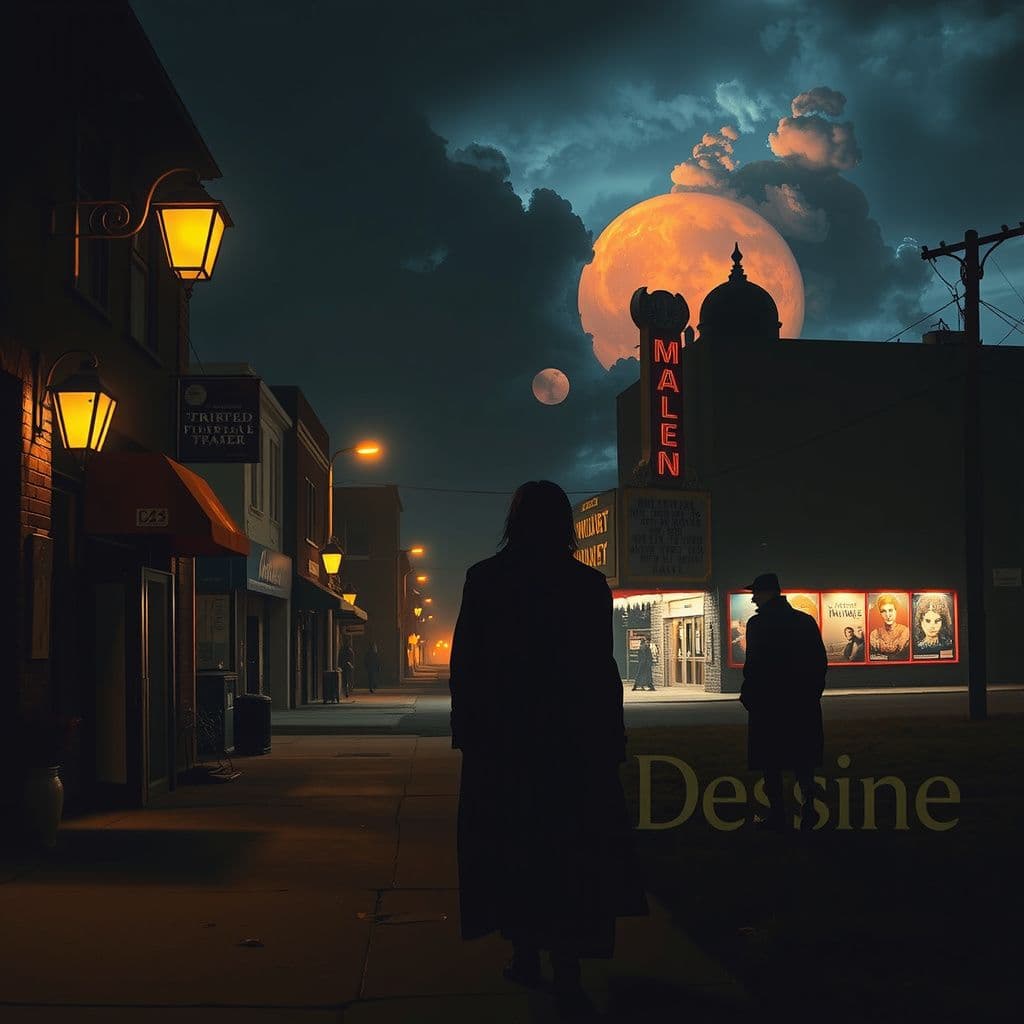 Surreal dream scene, cinematic and atmospheric, digital art: A surreal scene of a quiet, dark town illuminated by dim yellow streetlights, where a person dances with Marilyn Manson to post-punk dark trance music, then wanders alone through fiery, shifting skies toward an eerie theater filled with psychedelic, twisted fairytale movie posters, while shadowy figures observe silently nearby.
