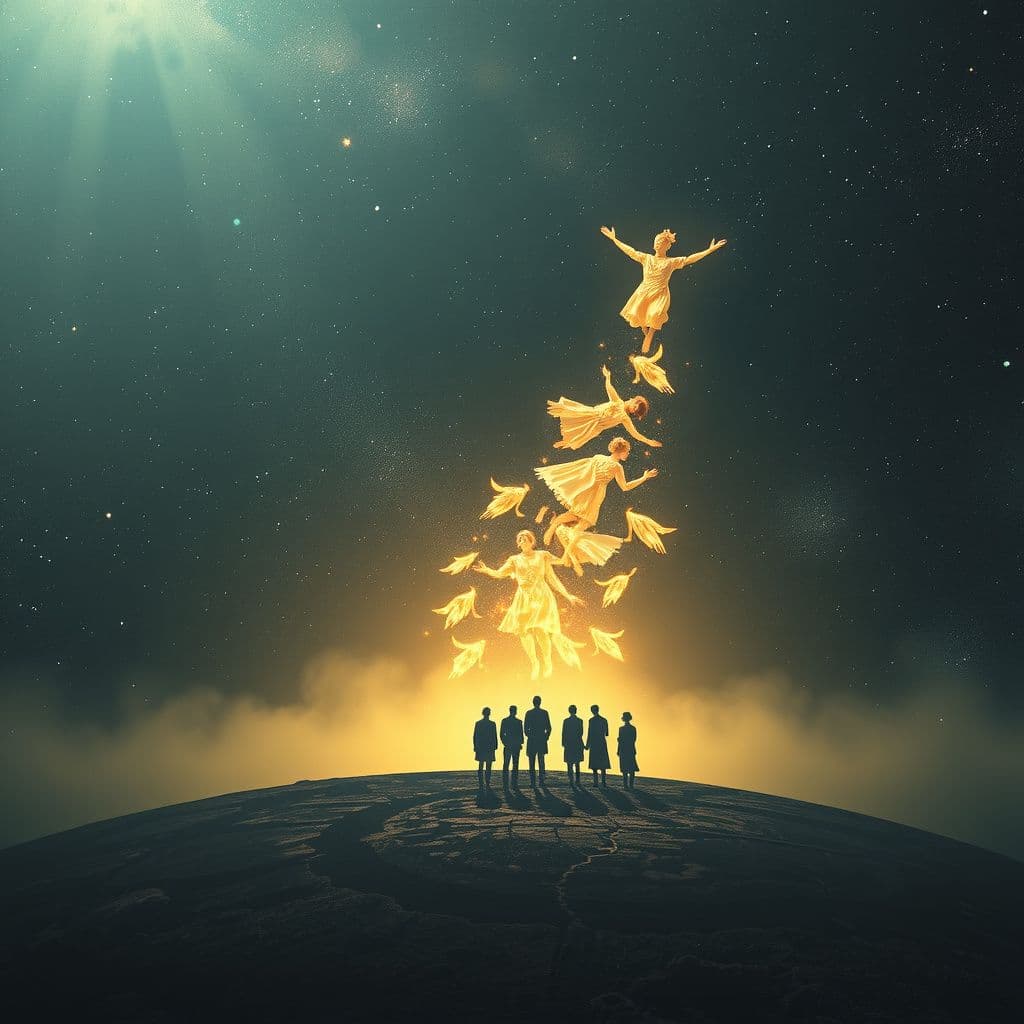 Surreal dream scene, cinematic and atmospheric, digital art: A group of ethereal characters standing on a quiet Earth under a vast starry sky, gently releasing glowing energy that transforms into shimmering figures drifting peacefully into the universe, symbolizing the end of their journey and the closing of a chapter.