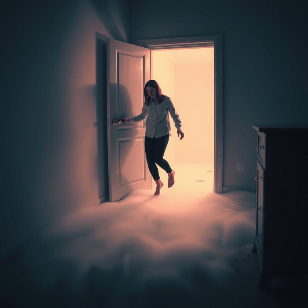Surreal dream scene, cinematic and atmospheric, digital art: A person gently hovering just above the floor while holding onto a doorknob in a softly lit, surreal room, capturing the delicate moment between waking and dreaming.
