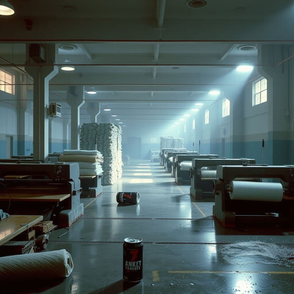 Surreal dream scene, cinematic and atmospheric, digital art: A spacious warehouse filled with large industrial machines reminiscent of an old shirt factory, with stacks of finished fabric rolls scattered around and a distant empty spot in the far back where two discarded energy drink cans lie on the floor.