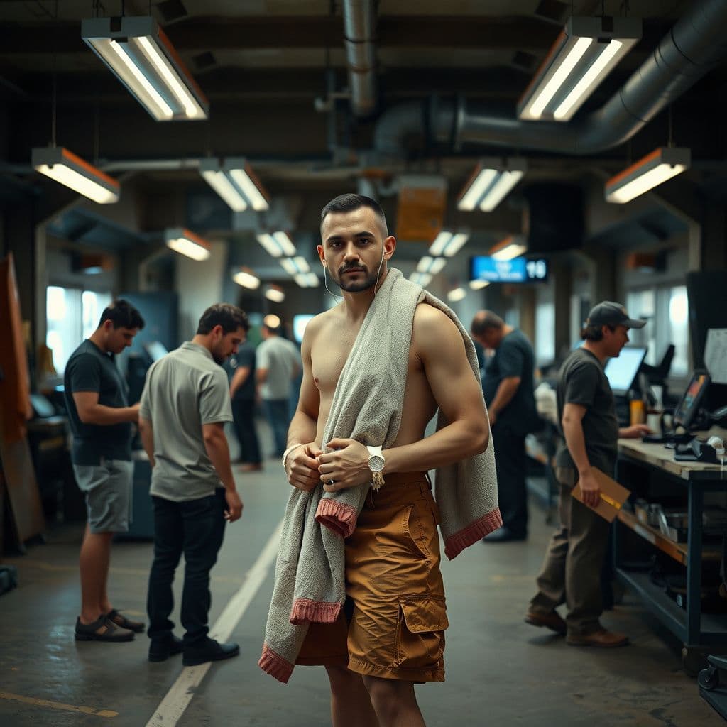 Surreal dream scene, cinematic and atmospheric, digital art: A busy industrial workplace scene during a day shift, featuring a diverse group of people in work clothes interacting near machinery, with a central figure casually wrapped in a towel, earbuds in, looking slightly out of place yet confident amidst the bustling environment.