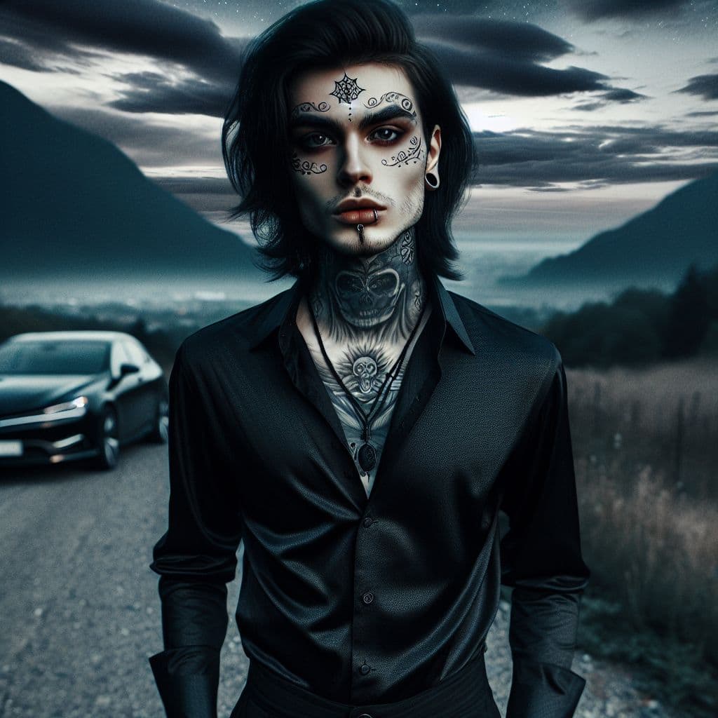 Surreal dream scene, cinematic and atmospheric, digital art: A mysterious young man with gothic tribal tattoos, subtle Day of the Dead-inspired makeup, long black chin-length hair, and dark healing mystic jewelry, wearing a black button-up shirt and semi-fitted pants, stands beside a car parked on a quiet mountain road at dusk under a moody sky, exuding an enigmatic and thoughtful aura.