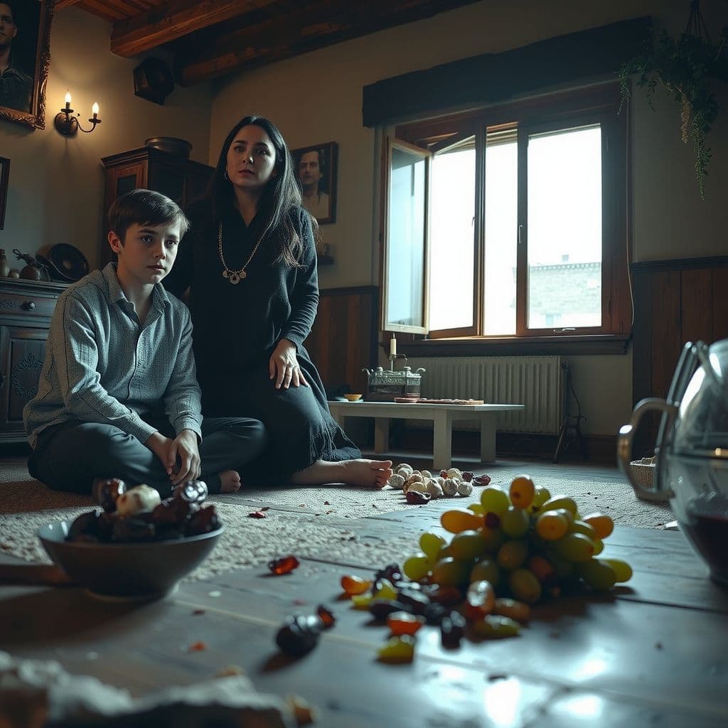 Surreal dream scene, cinematic and atmospheric, digital art: A distressed indigenous American woman stands in a rustic home, eyes filled with shock and sorrow as her eldest son sits on the floor, examining his bruised hands, while a spilled bowl of grapes, raisins, and dates lies scattered nearby, capturing a moment of emotional turmoil and urgency.