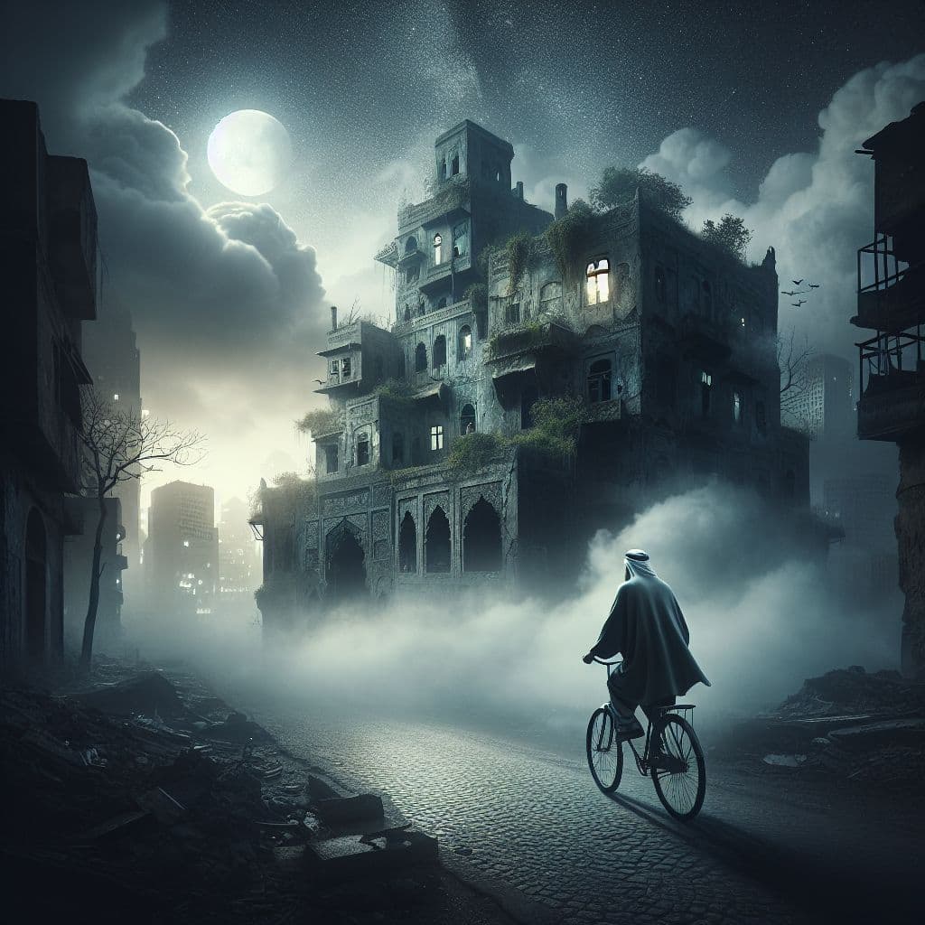 Surreal dream scene, cinematic and atmospheric, digital art: A lonely figure rides a bicycle through a dimly lit, eerie city street at night, surrounded by abandoned buildings with cracked windows and faded graffiti, under a cloudy sky with faint moonlight casting long shadows.