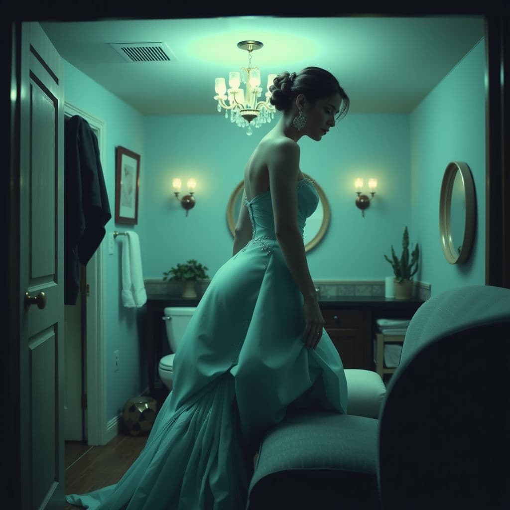 Surreal dream scene, cinematic and atmospheric, digital art: A woman in a teal mermaid-style wedding dress adorned with aquamarine jewelry stands thoughtfully inside a cozy, dimly lit house decorated with a mermaid-themed bathroom, reflecting a mysterious yet warm atmosphere.