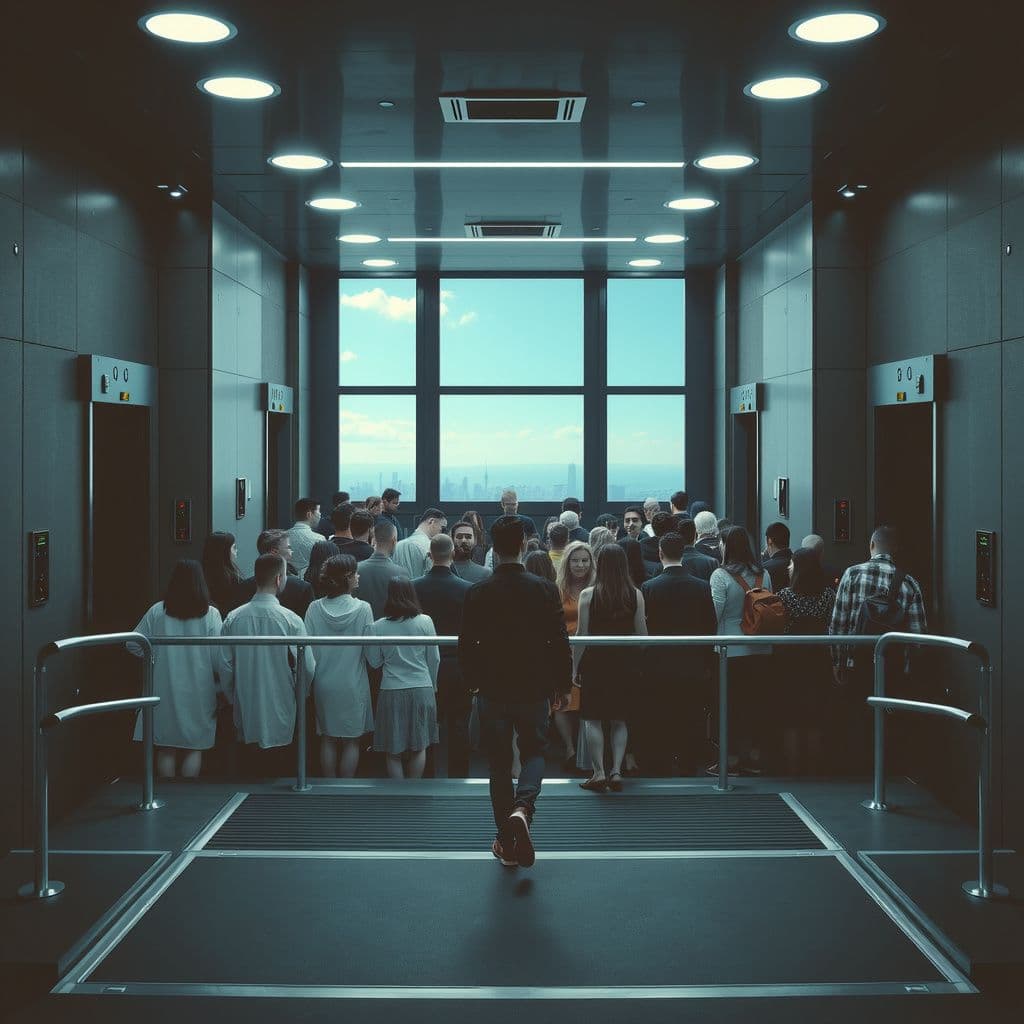 Surreal dream scene, cinematic and atmospheric, digital art: A vast, futuristic elevator interior inside a skyscraper with stainless steel handrails forming rows for dozens of passengers, large sliding doors, and a glowing control panel at the far end, filled with a diverse crowd eagerly boarding.