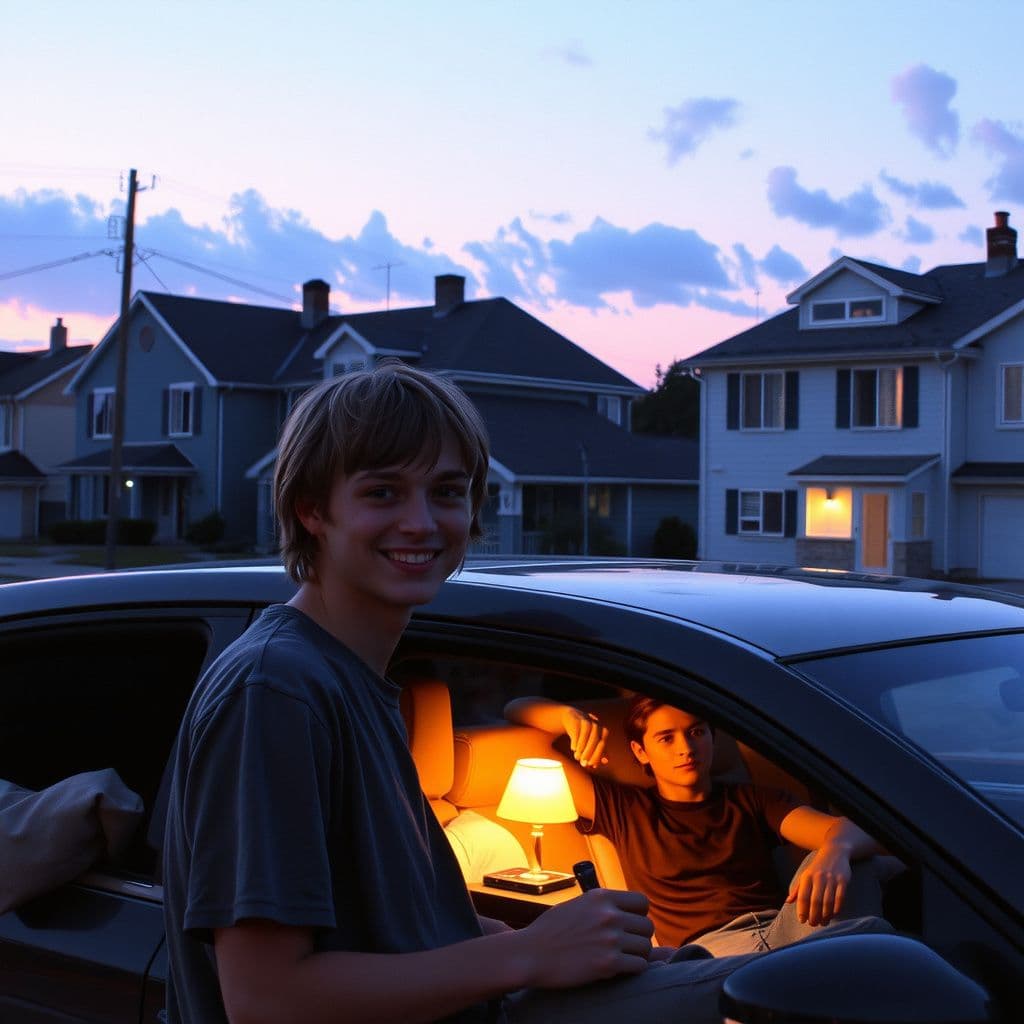 Surreal dream scene, cinematic and atmospheric, digital art: A peaceful suburban neighborhood at twilight with closely spaced blue houses, a young man with shoulder-length hair wearing a blue T-shirt smiling as he arrives home in a parked car, while soft, colorful lights from a nearby radio fill the cozy living room where another person relaxes on a couch, creating a warm and nostalgic atmosphere.
