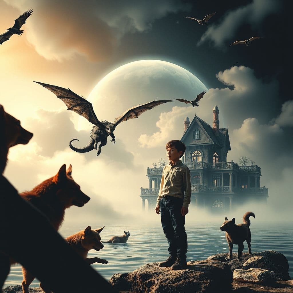 Surreal dream scene, cinematic and atmospheric, digital art: A fantastical scene of a teenage boy, created rather than born, standing on a mysterious island surrounded by animal-transformed friends, while a flying monstrous grandmother and a vampire-like grandfather watch over from a magical house in the background.