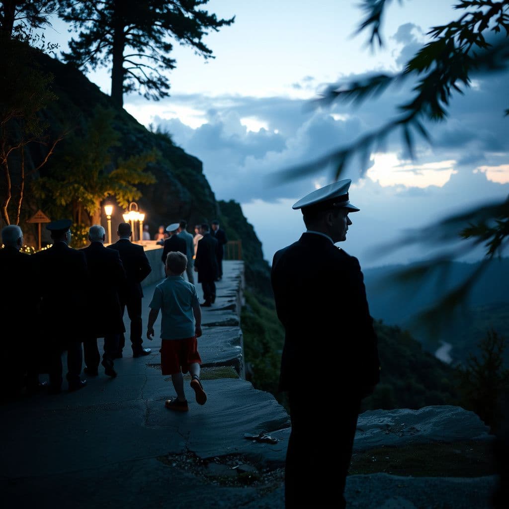 Surreal dream scene, cinematic and atmospheric, digital art: A nighttime military funeral on a cliff overlooking a valley in a foreign country, with attendees dressed respectfully, children playing nearby, and one guest quietly admired for their handsome appearance.