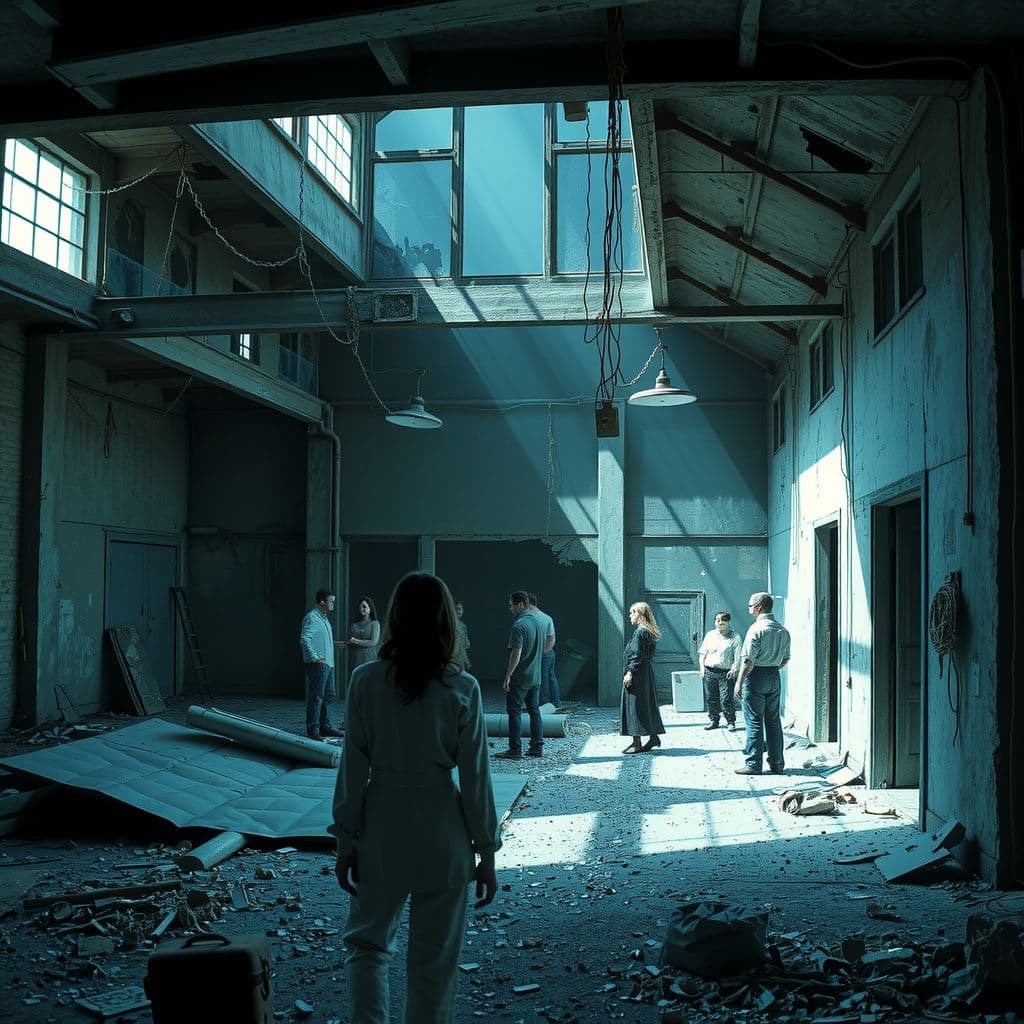 Surreal dream scene, cinematic and atmospheric, digital art: A group of people gathered inside a dilapidated building with sagging floors, working together to find a way to repair and restore the worn-down structure.