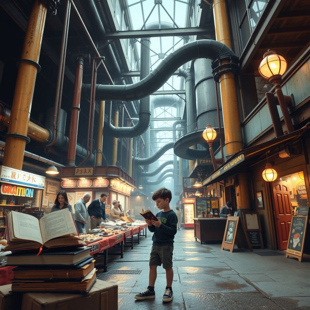Surreal dream scene, cinematic and atmospheric, digital art: A curious young boy finds a hidden collection of old, beautifully illustrated notebooks inside a factory filled with pipes, depicting Steven Universe as White Diamond and other creative versions, as he stands in a lively town market surrounded by colorful shops.