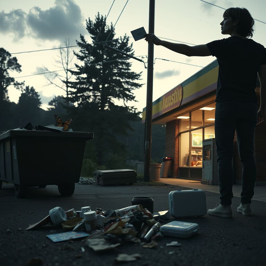 Surreal dream scene, cinematic and atmospheric, digital art: A person quietly exploring a convenience store's dumpster area at dusk, discovering discarded items and holding a delicate butterfly-shaped card, while softly illuminated by nearby store lights and surrounded by a calm forest backdrop.