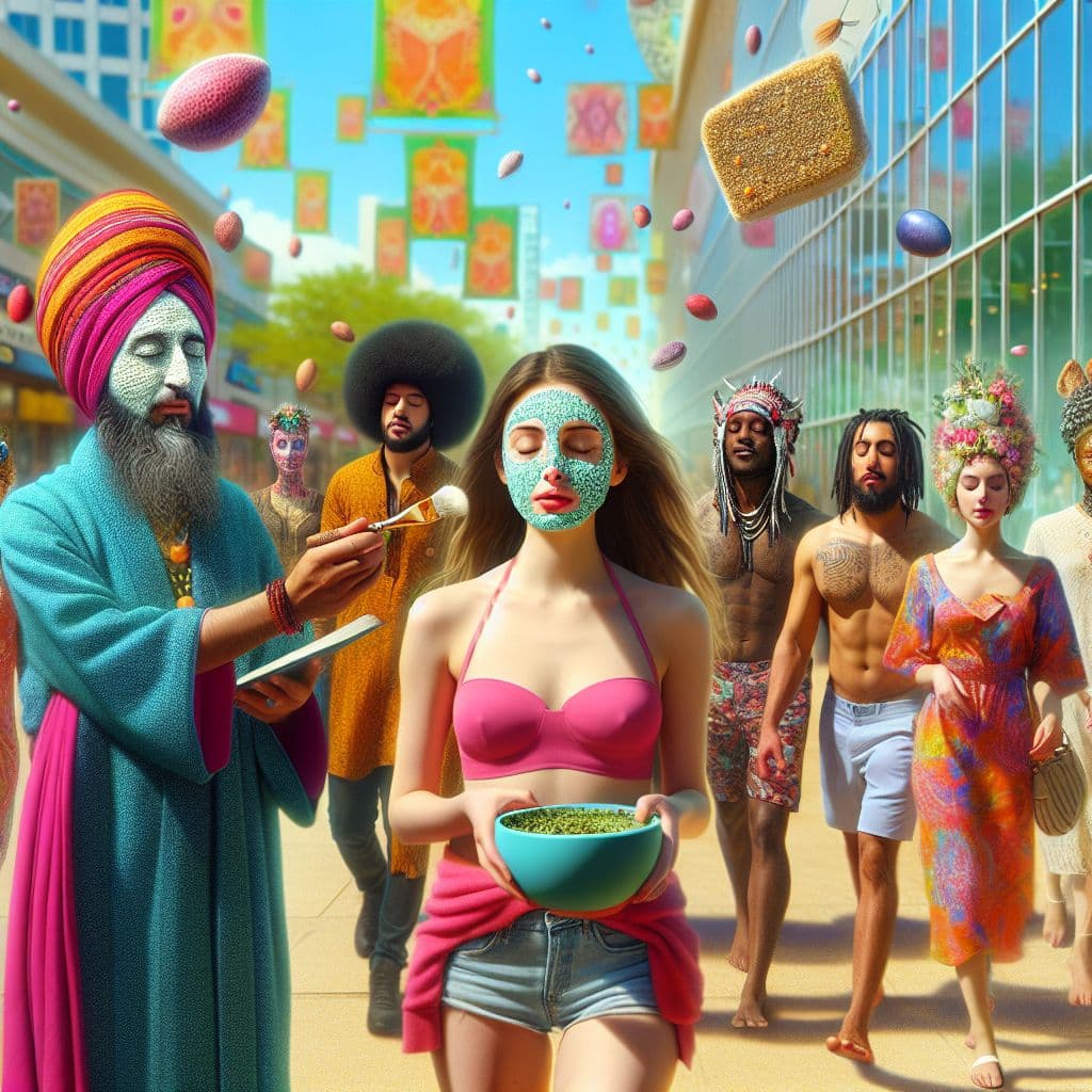Surreal dream scene, cinematic and atmospheric, digital art: A young woman walks through a lively downtown mall, receiving a gentle facial treatment with large chia seed masks and herbal oils from a kind healer, surrounded by friends with colorful styles, as they prepare to head to the beach together on a sunny day.
