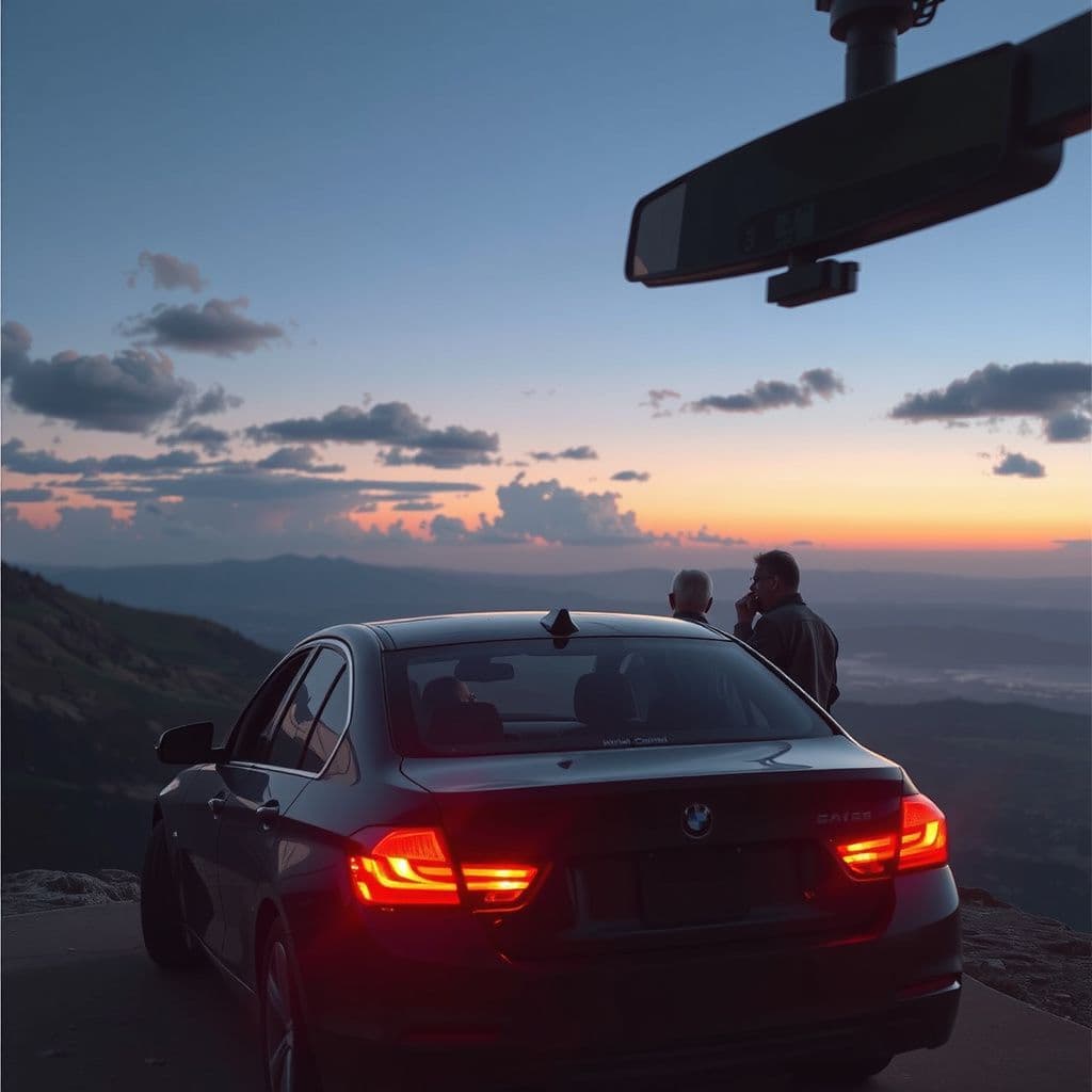Surreal dream scene, cinematic and atmospheric, digital art: A person’s car is stopped at a cliff’s edge on vast, rolling hills under a twilight sky, with a calm uncle making a phone call for help while two old friends watch quietly from the backseat, surrounded by peaceful wilderness.