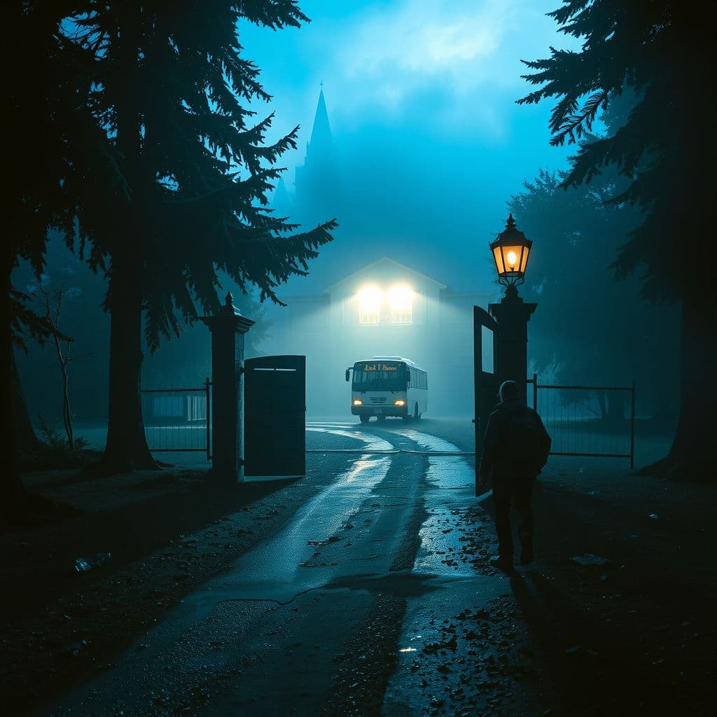 Surreal dream scene, cinematic and atmospheric, digital art: A nervous traveler exits a small rustic gate house at night on a spooky, tree-lined dirt road, walking cautiously toward a large illuminated building where a tour bus is parked, surrounded by a misty, eerie atmosphere.