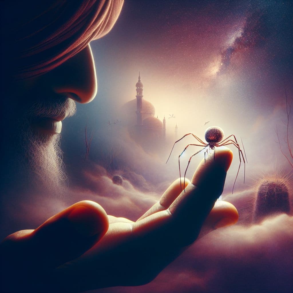 Surreal dream scene, cinematic and atmospheric, digital art: A close-up of a gentle daddy long legs spider perched delicately on a person's fingertip in a softly lit bedroom corner, with its translucent abdomen visibly filling with dark red fluid, capturing a surreal and curious moment of quiet coexistence between human and insect.