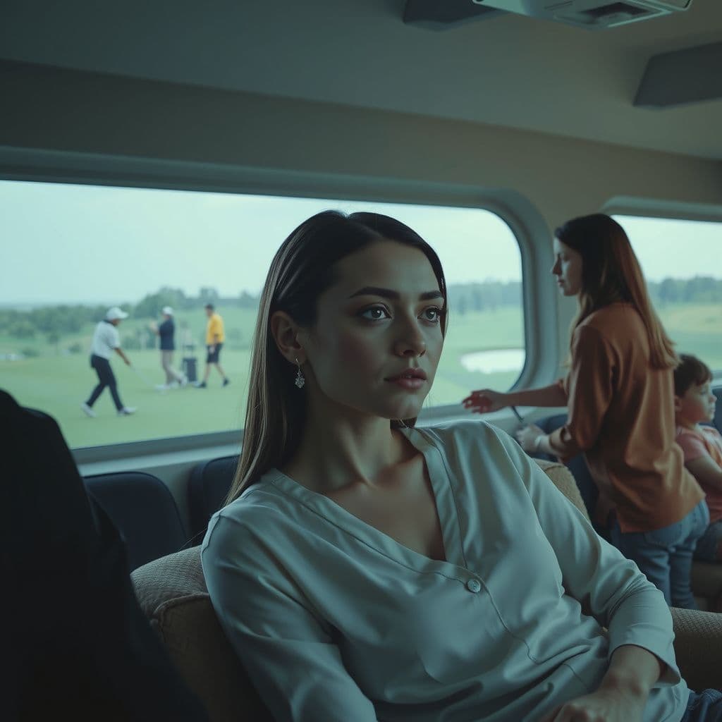Surreal dream scene, cinematic and atmospheric, digital art: A surreal scene showing a woman with a subtle, mysterious aura, surrounded by a family and a calm man asleep on a couch, set near a lively golf tournament with people lining up to practice, capturing the feeling of secret identity and quiet escape.