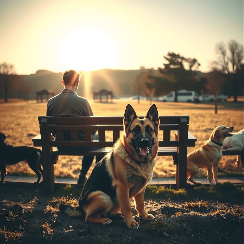 Surreal dream scene, cinematic and atmospheric, digital art: A serene dreamscape where a person sits on an old wooden bench in a vast sunlit park with dusty, joyful dogs surrounding them, including a happy German shepherd with a warm, glowing aura that signifies a peaceful reunion between the living and the departed.