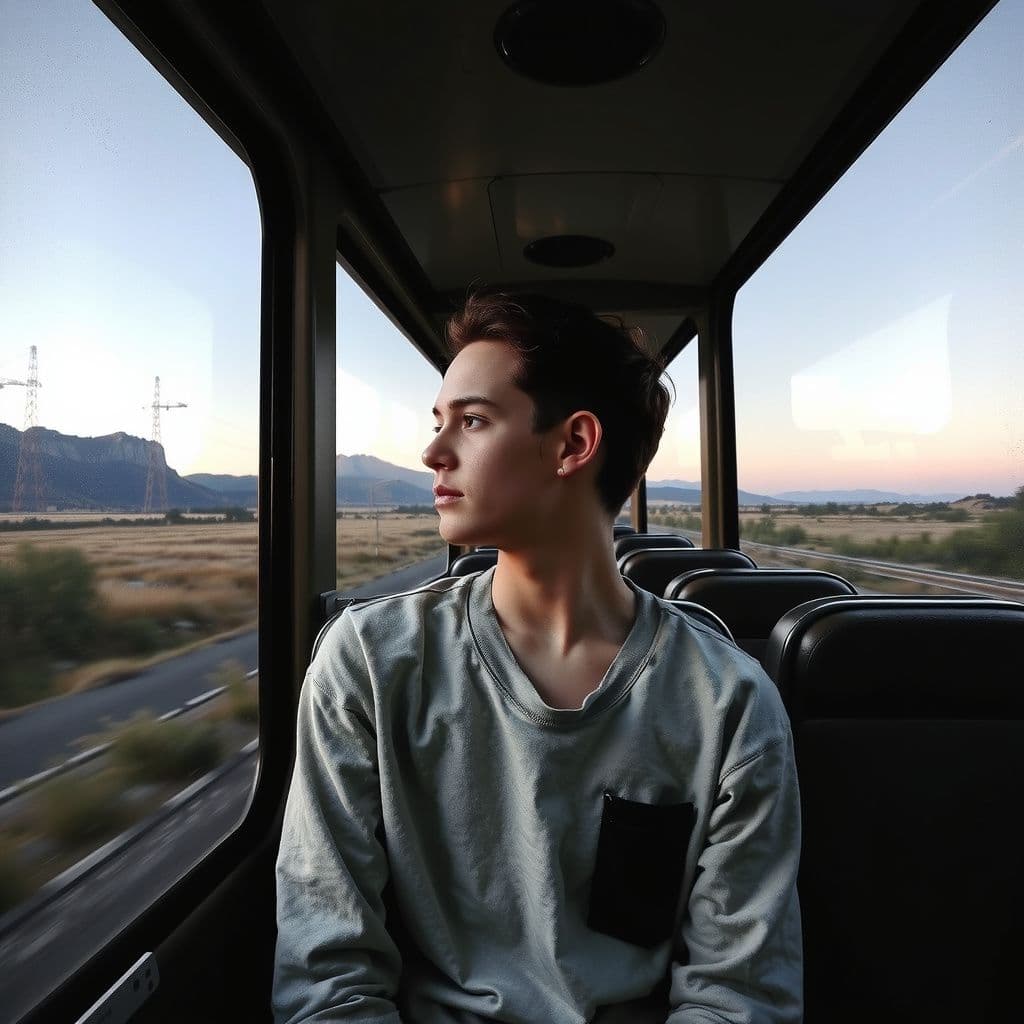 Surreal dream scene, cinematic and atmospheric, digital art: A contemplative young person alone on a train journey, passing through scenic landscapes on a quiet spring day, reflecting on unexpected encounters and fleeting connections.