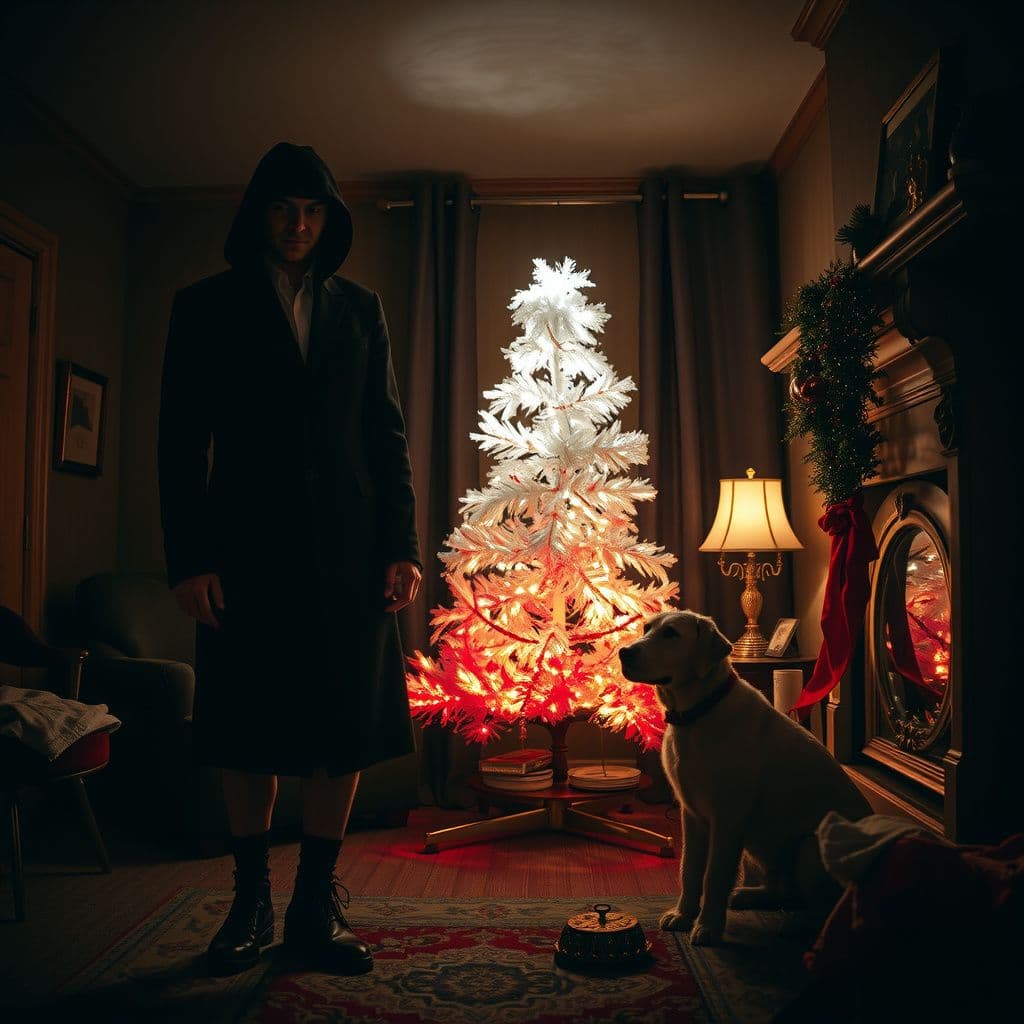 Surreal dream scene, cinematic and atmospheric, digital art: A cozy living room scene where a person in black quietly decorates a Christmas tree with a shimmering boa that changes from silver to red, while a mysterious figure dressed in black watches closely from behind, creating an atmosphere of quiet tension and anticipation.