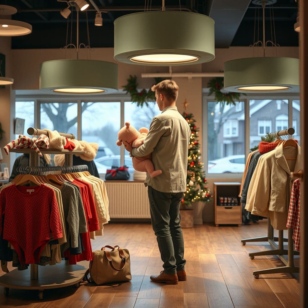 Surreal dream scene, cinematic and atmospheric, digital art: A warm, festive store scene with circular clothes racks and cozy winter holiday decorations, where a kind person gently places adorable babies in their parents' usual spots among a gathering that feels like a joyful family reunion mixed with a friendly work meeting.