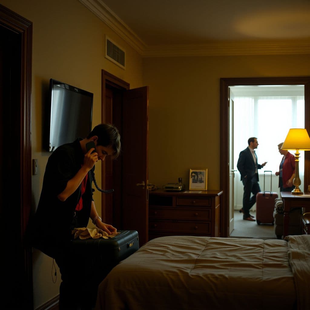 Surreal dream scene, cinematic and atmospheric, digital art: A quiet hotel room with soft ambient lighting, showing a person organizing their suitcase while talking on the phone, as outside the hallway other guests chat and luggage is being delivered, capturing a calm and slightly mysterious atmosphere.